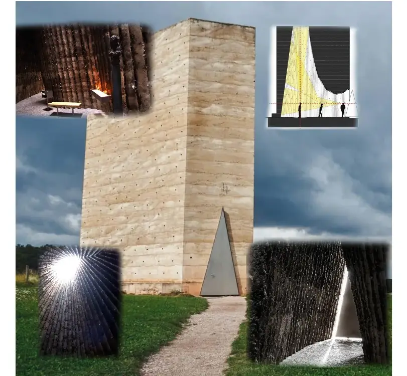 Precedent study of Peter Zumthor's Bruder Klaus Field Chapel with light diagram