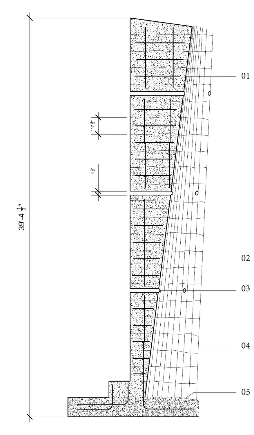 Partial wall section drawing of the Bruder Klaus chapel assembly