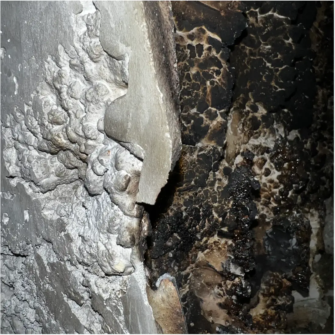 Close-up of the burned concrete surface, char against smooth gray