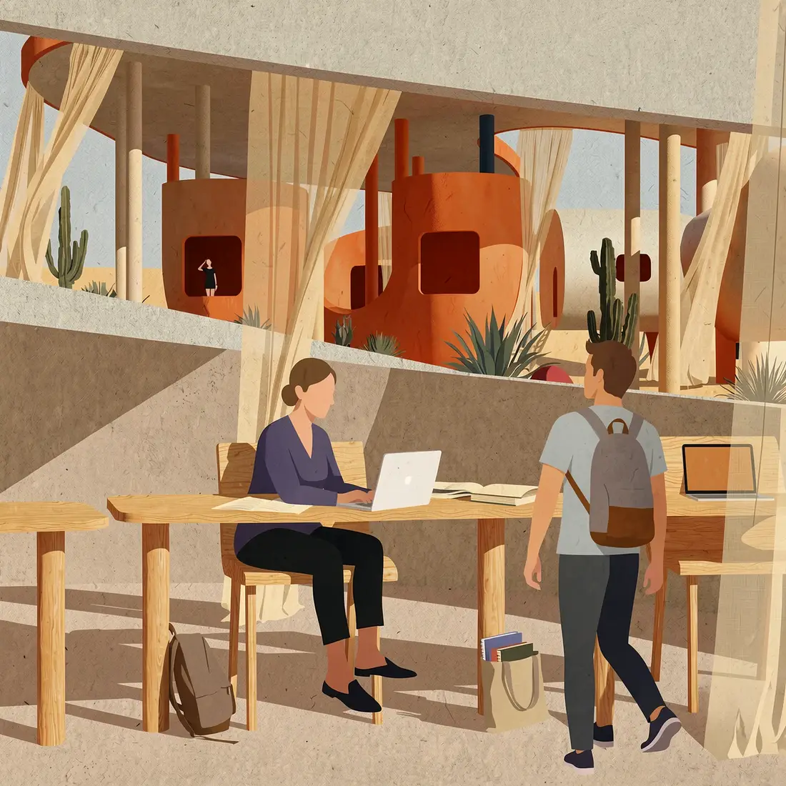 Render of a classroom opening to the desert