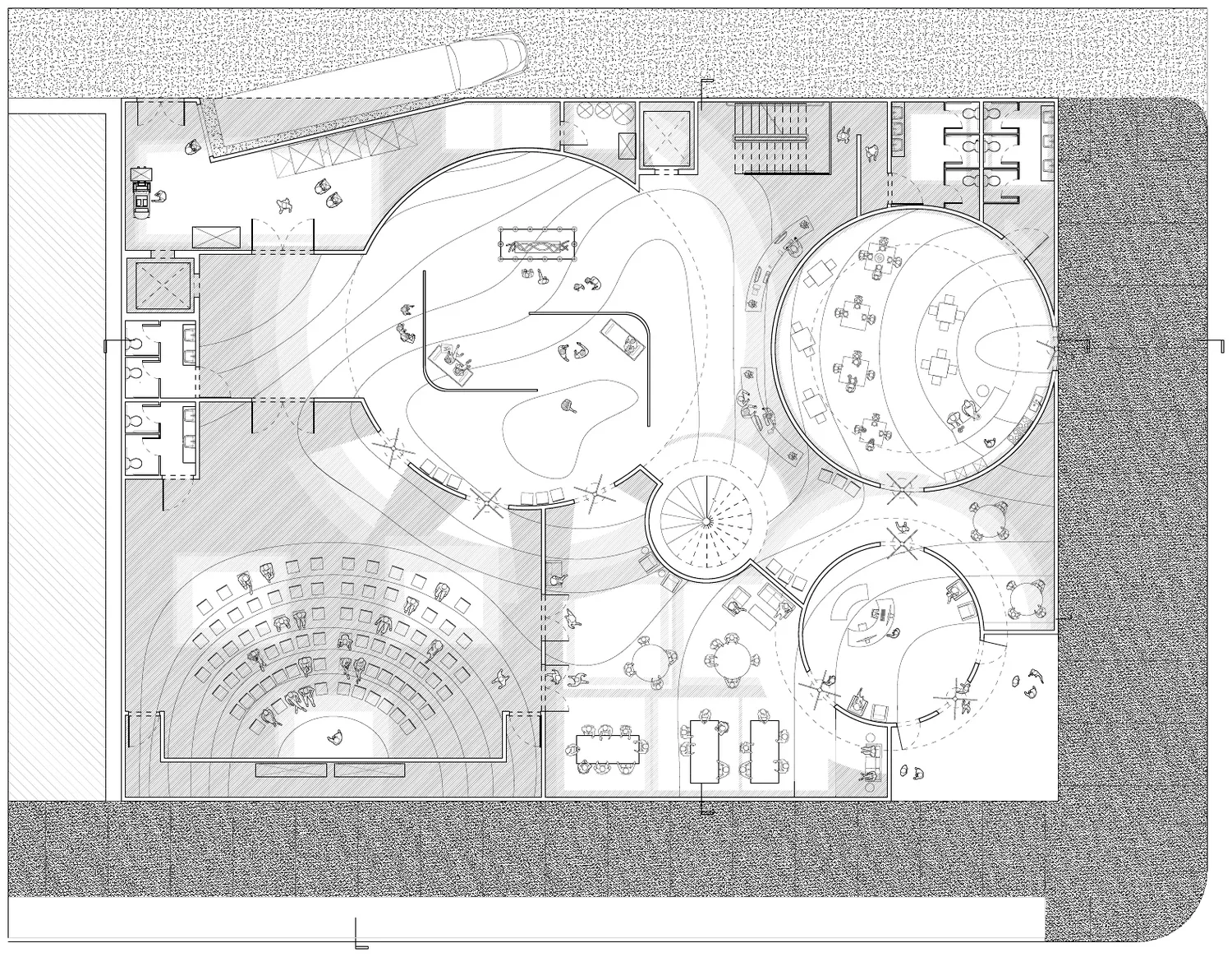 First floor plan organized around the light wells