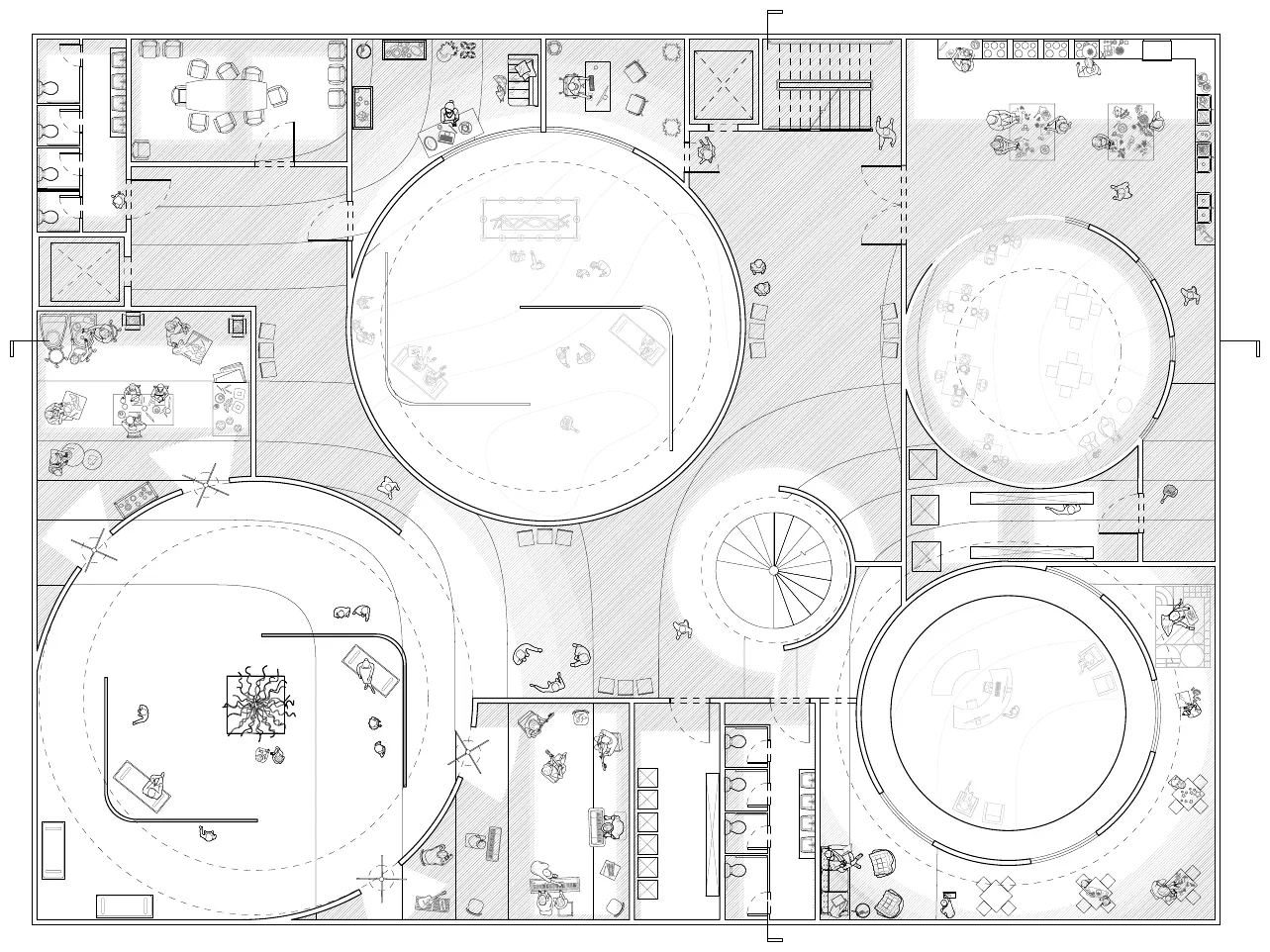 Second floor plan showing rooms around the voids