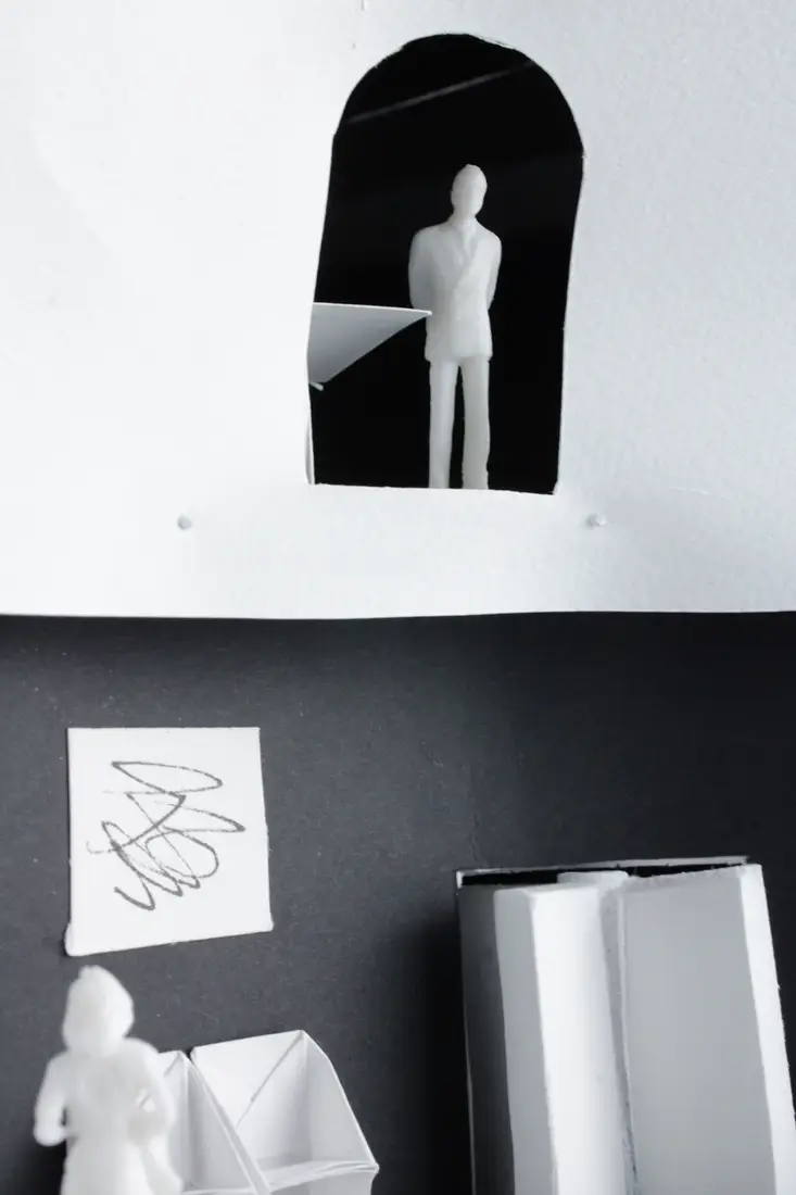Interior render of a gathering space lit from above