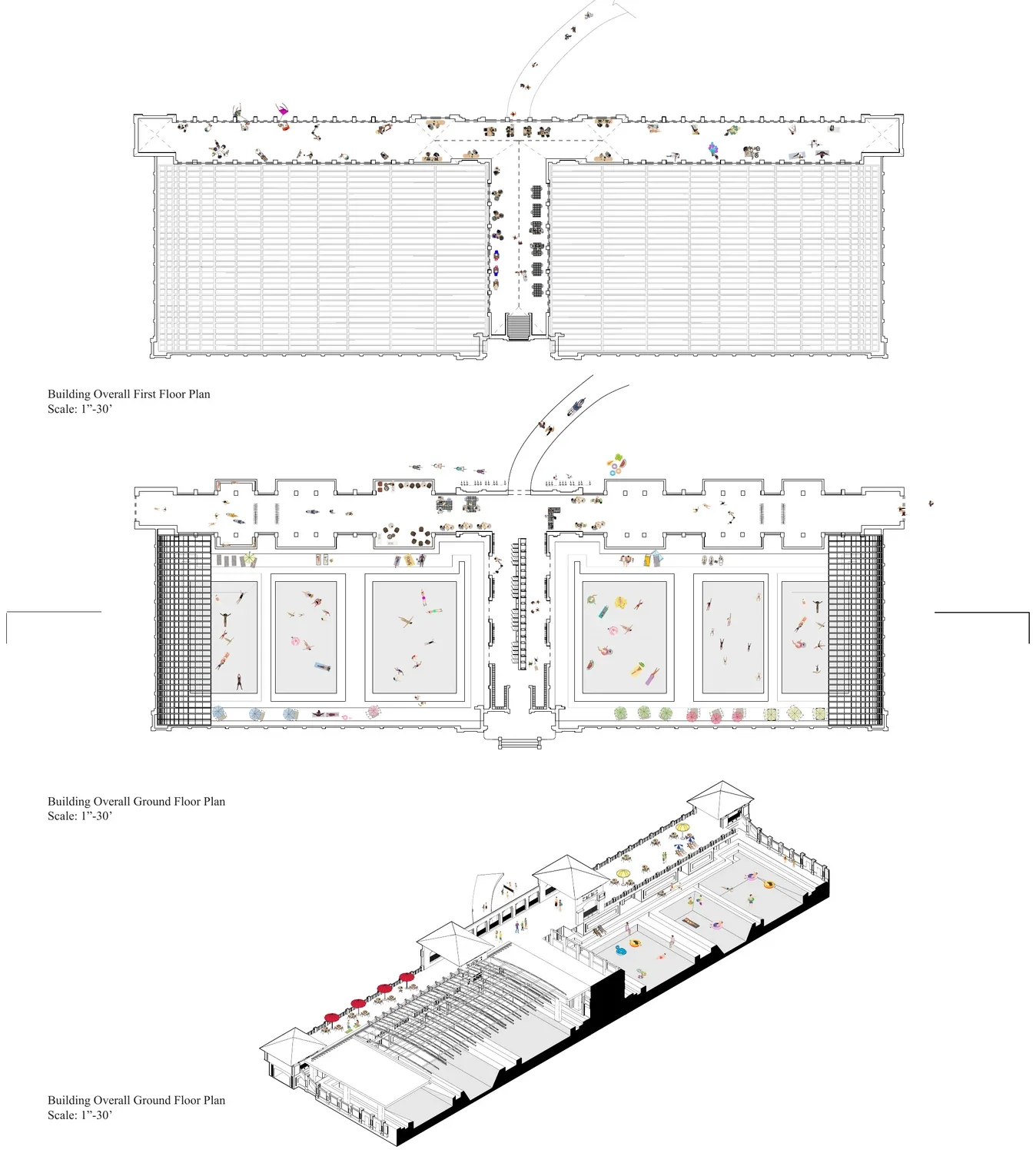 Building overall first-floor and ground-floor plans with isometric