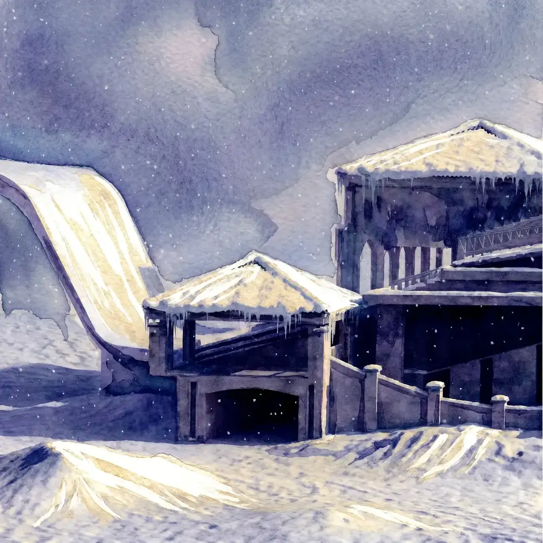 The facility weathering a lake storm at night
