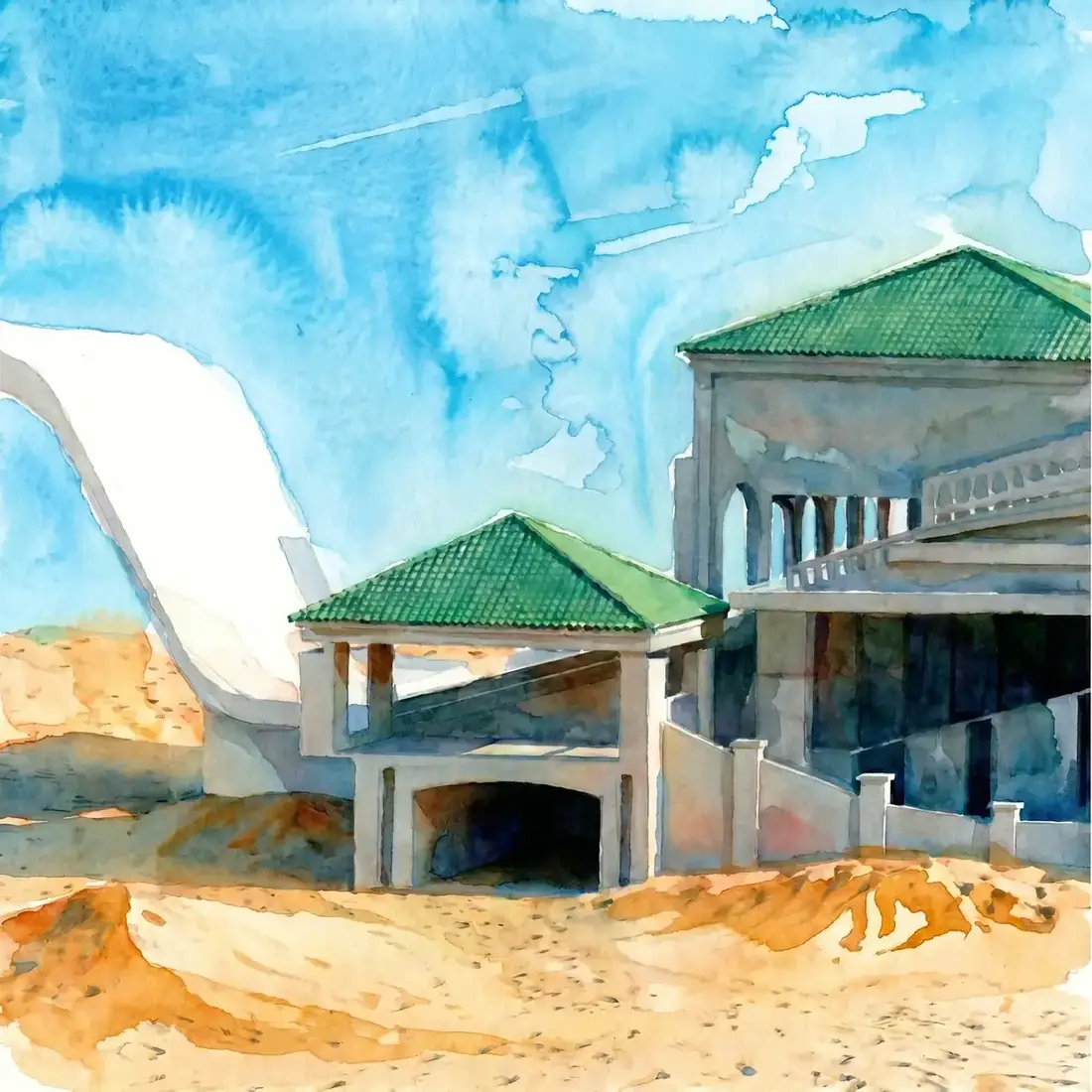 The bathhouse from the beach on a calm day