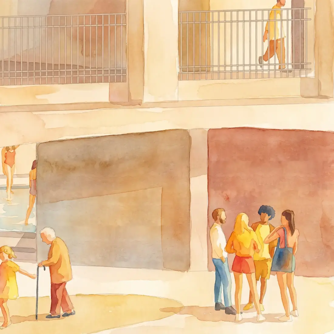 Render of neighbors gathering beside the facility wall