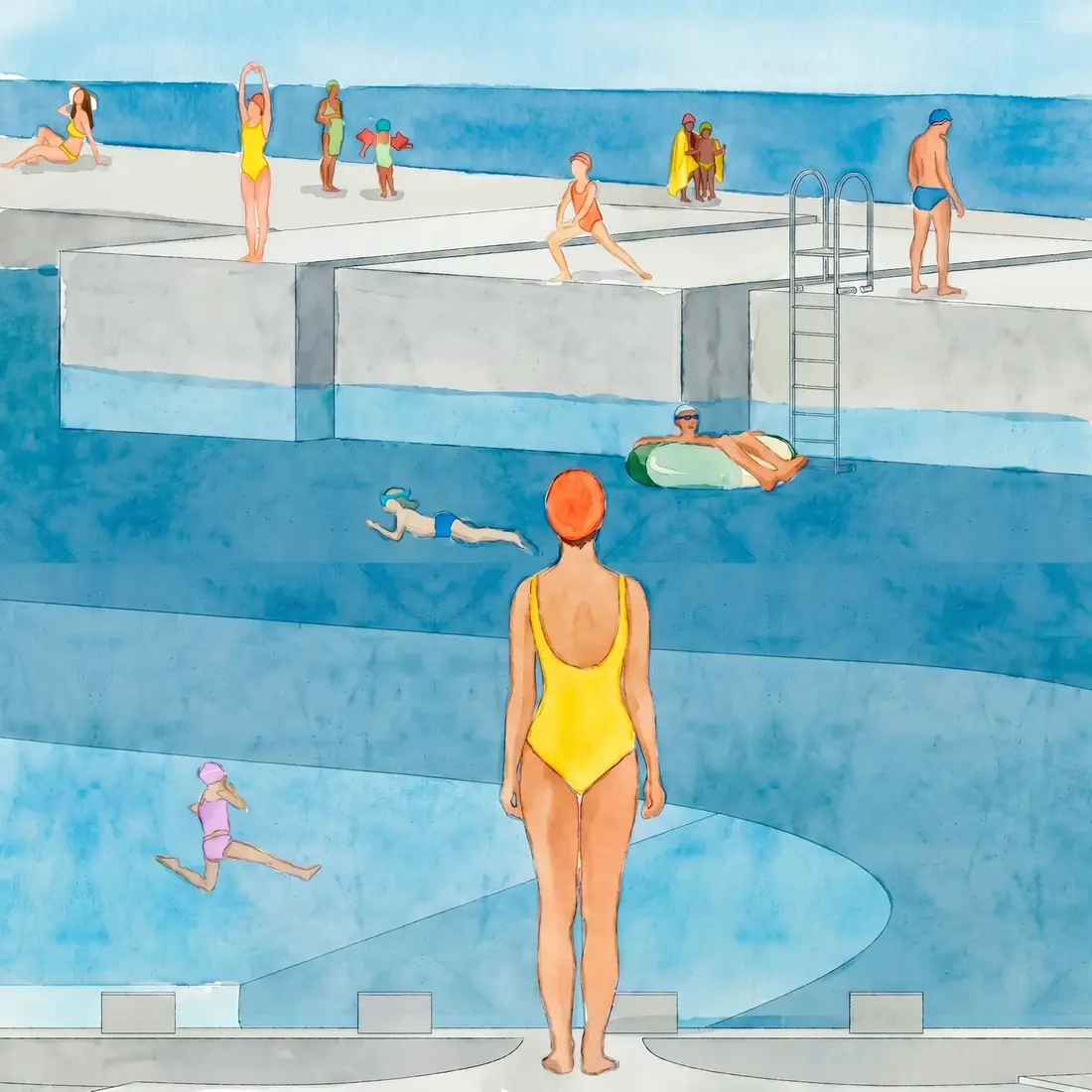 Render of a swimmer at the pool edge overlooking the lake