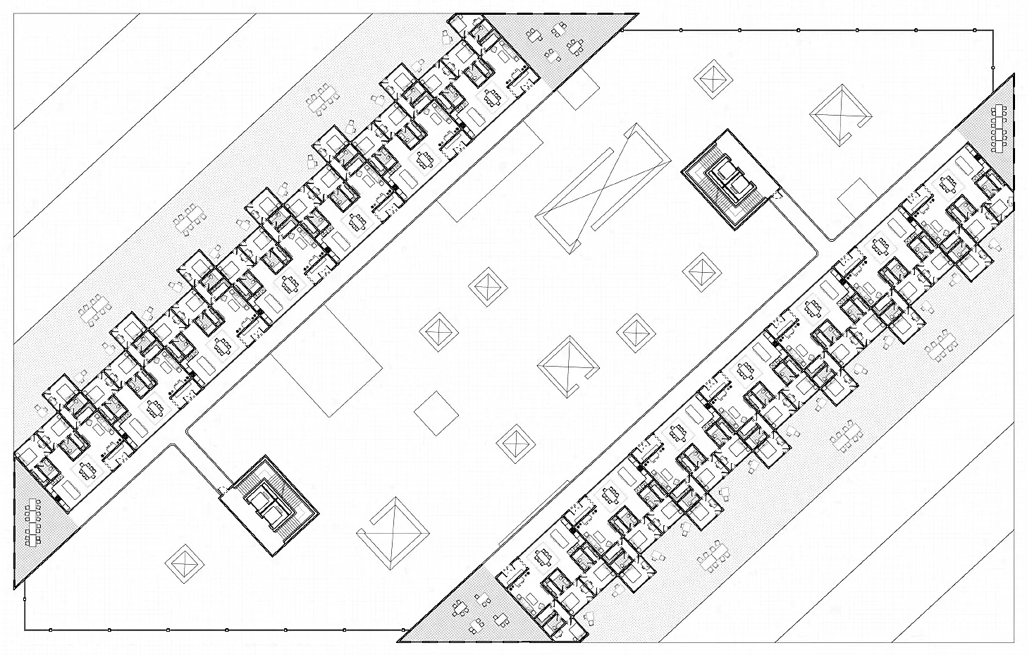 Residential floor plan with diagonal bars of units