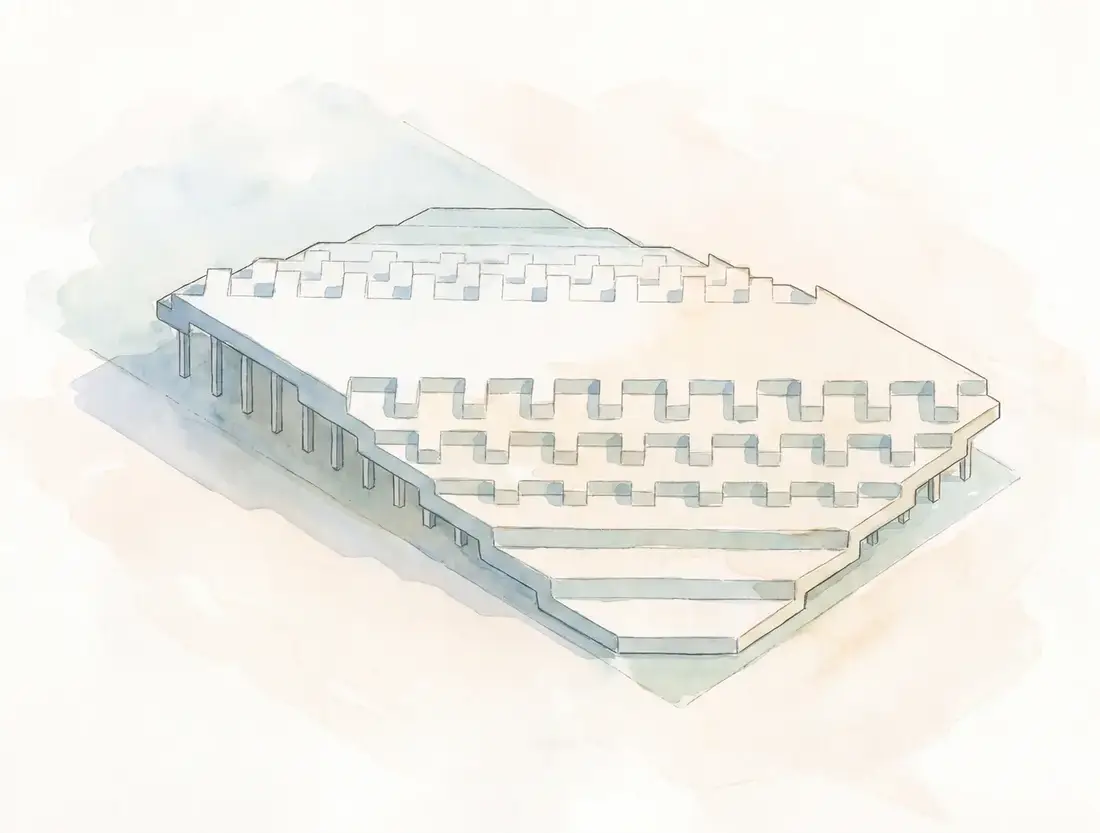 Watercolor axonometric of the block by day