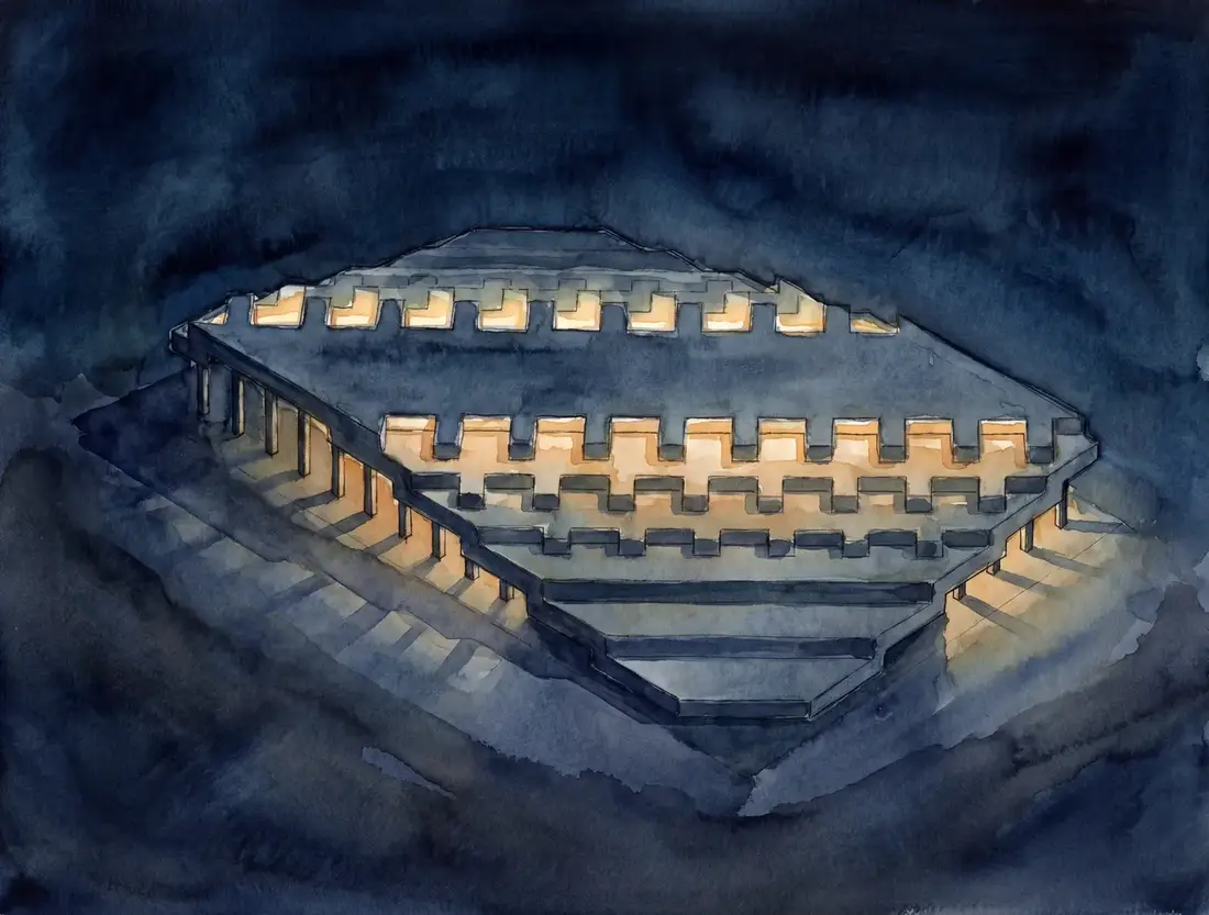 Watercolor axonometric of the block glowing at night