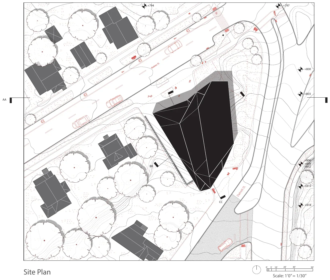 Site plan of the cinema within its neighborhood