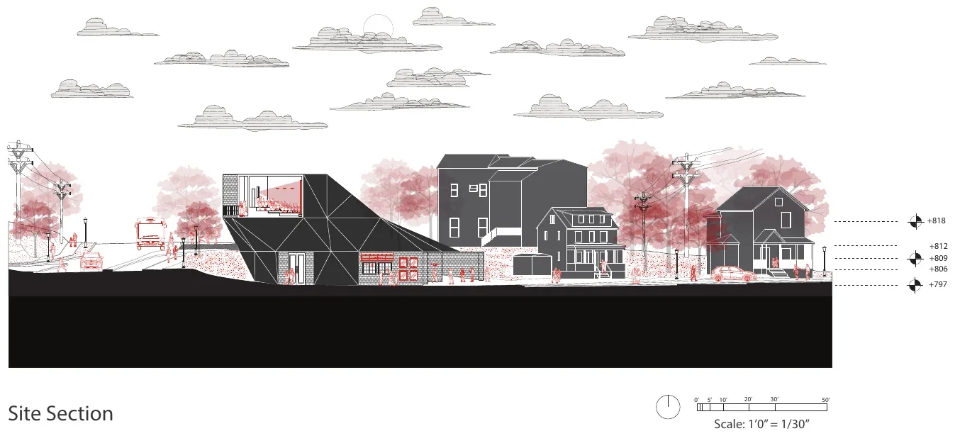 Site section through the cinema and the neighboring houses