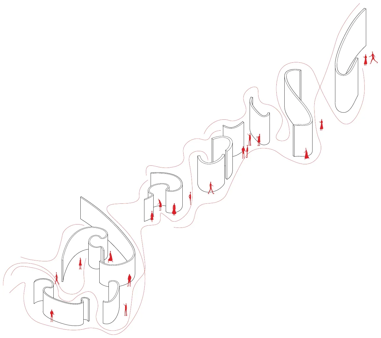 Axonometric sequence of curved walls with figures moving through
