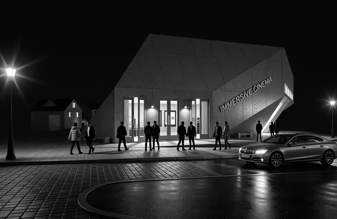 Render of the cinema exterior at night