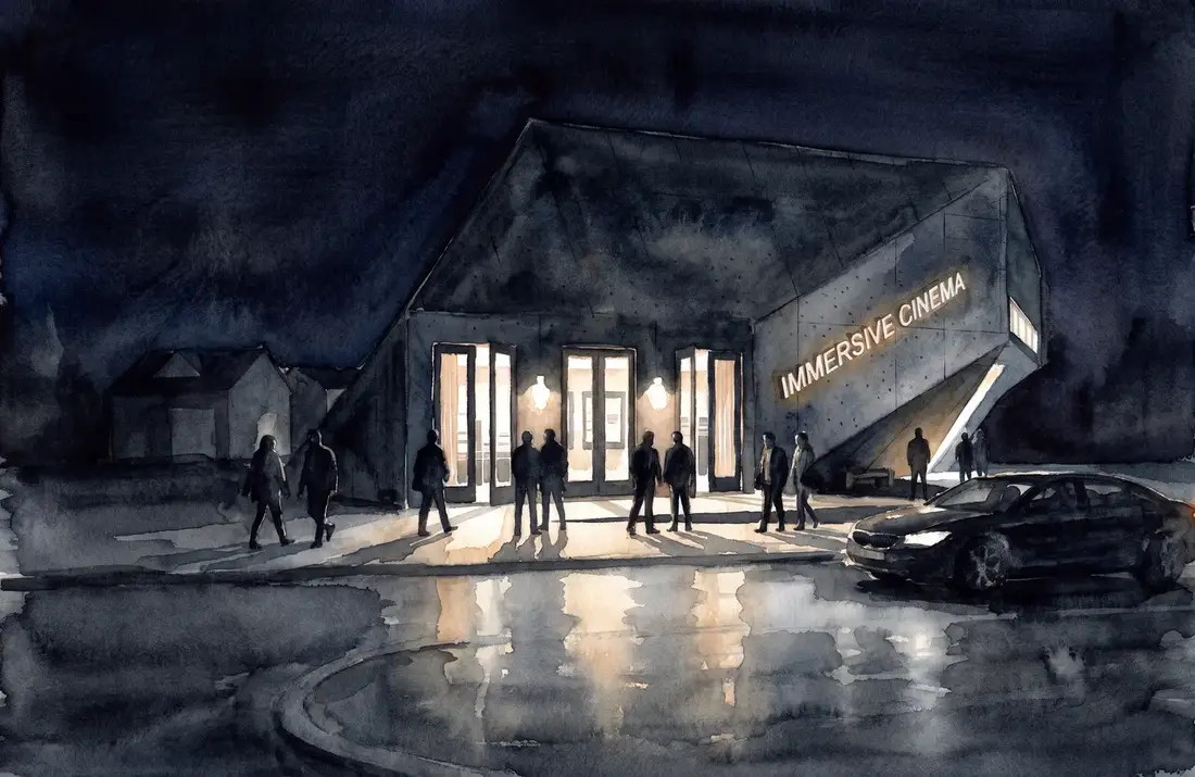 Watercolor of the cinema exterior at night