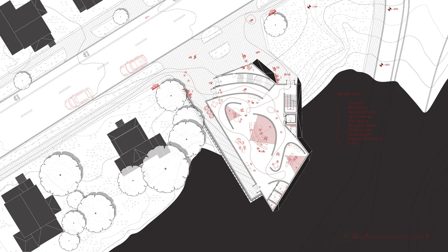 Second level plan with the two theaters and projection room