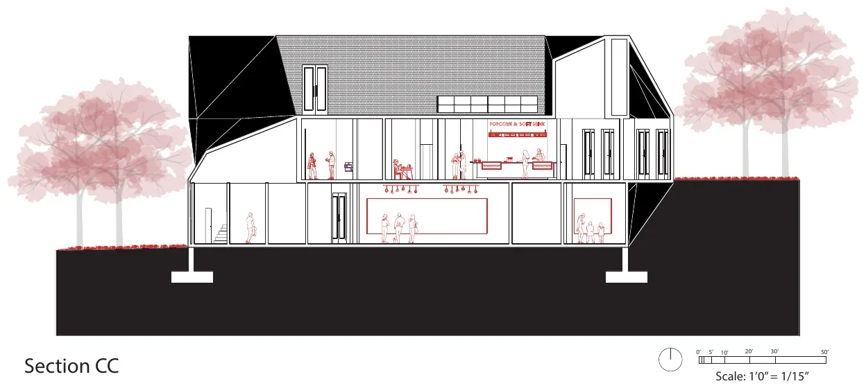 Building section CC through the cinema
