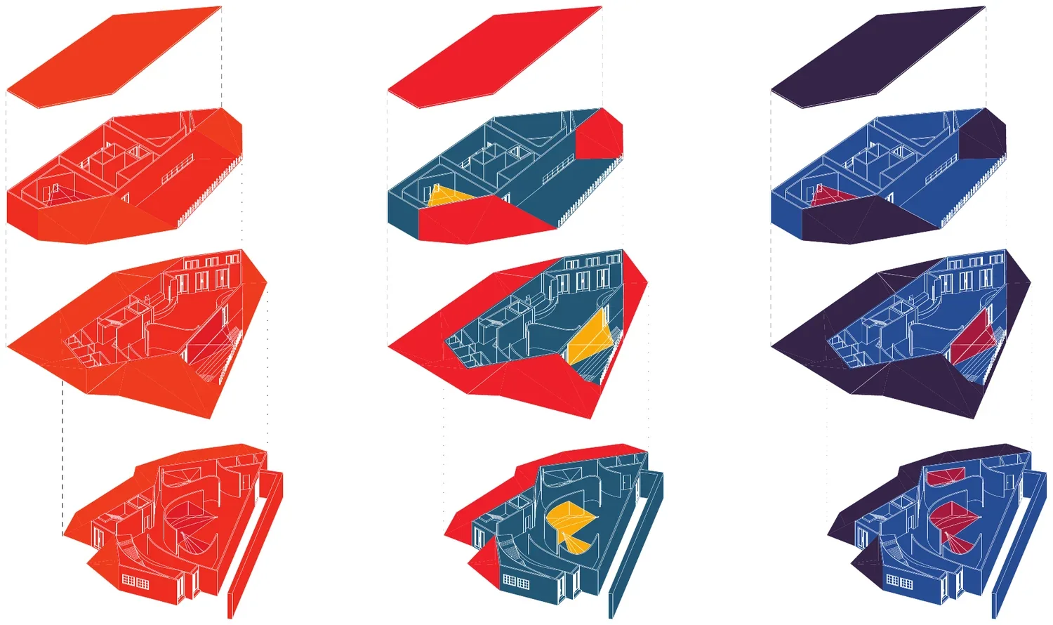 Exploded axonometric of the cinema's levels and program