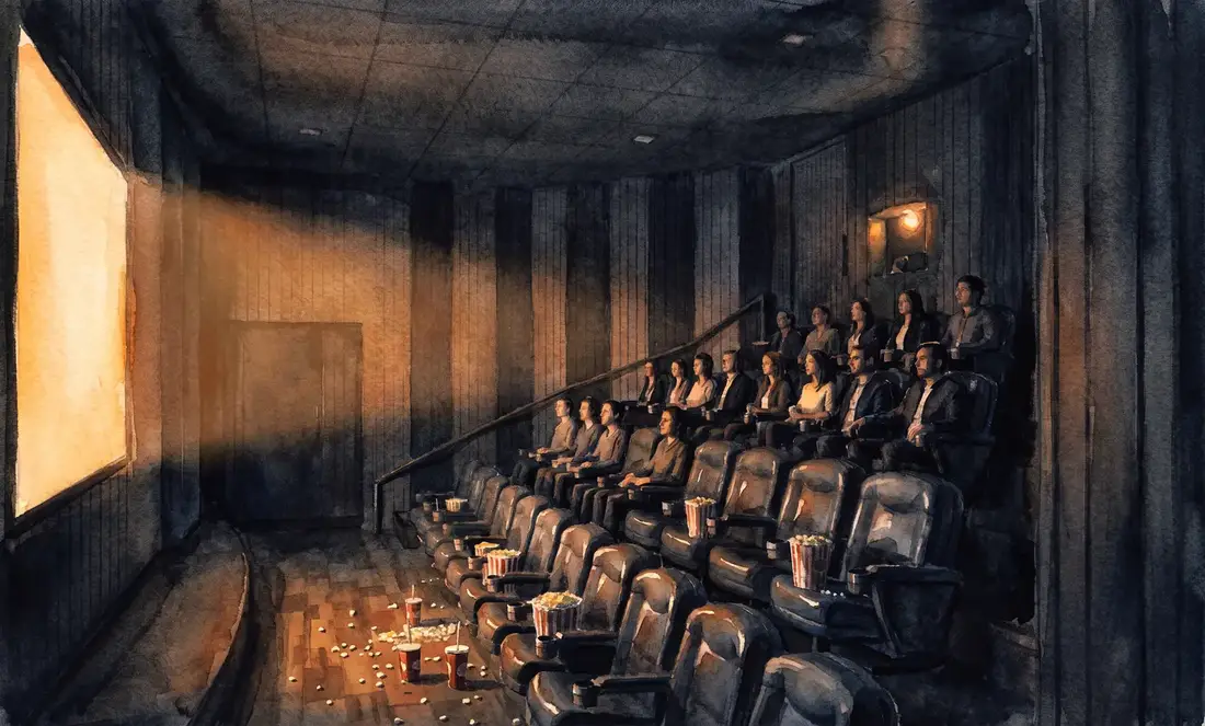Watercolor of the theater interior glowing warm