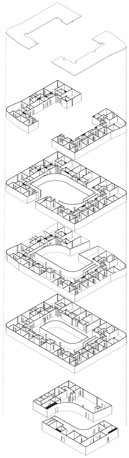 Exploded axonometric of the building's structural system