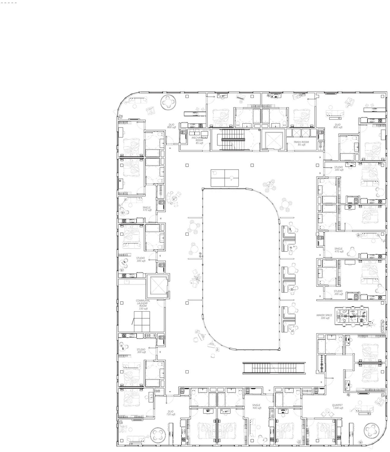Live-work floor plan around the courtyard void